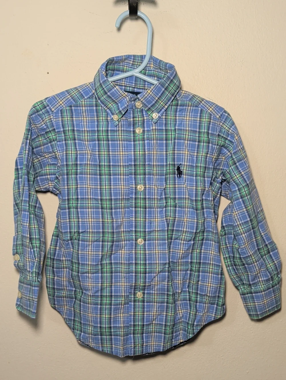Ralph Lauren Blue + Green Plaid Button-Down Shirt Pony Logo Preppy Boys Size 2T